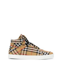 Tan Check Canvas High Top Sneakers