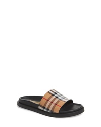 Tan Check Leather Flat Sandals