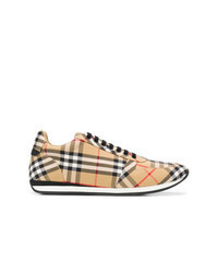 Tan Check Leather Low Top Sneakers