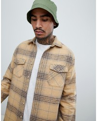 ASOS DESIGN Brushed Check Over Shirt In Camel With Double Pockets