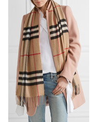 Burberry Fringed Checked Cashmere Scarf Camel