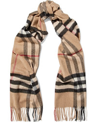 Burberry Fringed Checked Cashmere Scarf Camel