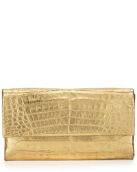 Nancy Gonzalez Simple Crocodile Flap Clutch Bag Gold Mirror