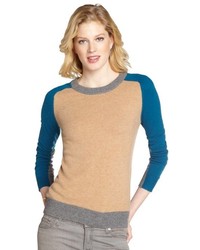 Society by Top Secret Society Camel And Teal Wool Cashmere Colorblock Crewneck Boston Long Sleeve Sweater