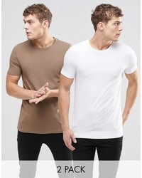 Asos Brand Muscle T Shirt With Crew Neck 2 Pack Save 17% In Whitebrown