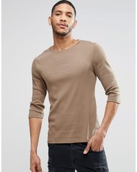 Asos Brand Rib Extreme Muscle 34 Sleeve T Shirt In Tan