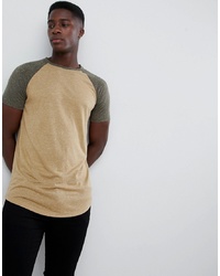 ASOS DESIGN Longline T Shirt With Curved Hem And Contrast Raglan Sleeves In Linen Mix In Beige