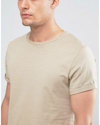 Asos T Shirt With Crew Neck And Roll Sleeve In Beige