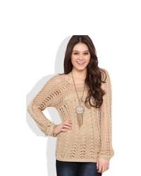 Deb Long Sleeve Crochet Sweater With Scoop Neck Natural