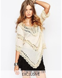Spiritual Hippie Crochet Poncho Top With Mixed Fabric