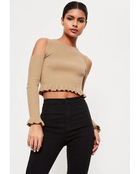 Missguided Nude Cold Shoulder Frill Hem Ribbed Cropped Sweater
