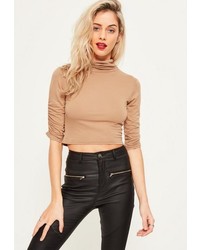 Missguided Camel Gathered Sleeve High Neck Crop Top