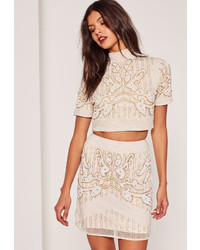 Missguided Beaded High Neck Crop Top Nude