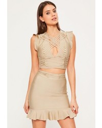 Missguided Camel Frill Sleeve Criss Cross Bandage Crop Top