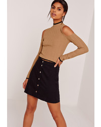 Missguided Cold Shoulder Rib Tipped Crop Top Camel
