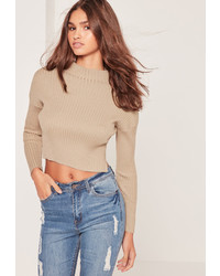 Missguided High Neck Crop Top Camel
