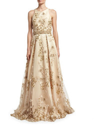 Jovani Sleeveless Embroidered Cutout Back Gown Champagne