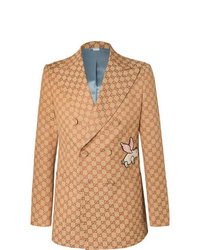 Gucci Beige Double Breasted Appliqud Logo Jacquard Cotton Blend Suit Jacket