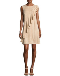 Neiman Marcus Asymmetric Ruffled Faux Suede Dress Blush