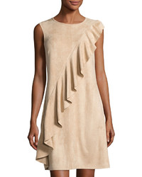 Neiman Marcus Asymmetric Ruffled Faux Suede Dress Blush