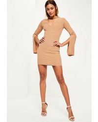 Missguided Camel Ribbed Flared Sleeve Choker Dress