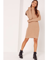 Missguided Ribbed Turtle Neck Mini Dress Camel