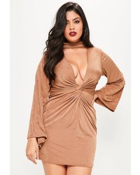 Missguided Plus Size Brown Choker Neck Knot Detail Slinky Dress
