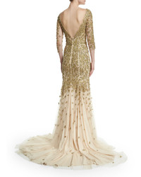 Marchesa 34 Sleeve Crystal Embellished Gown Gold