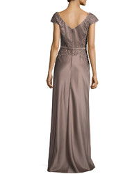 La Femme Embellished Faille Cap Sleeve Gown Cocoa