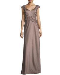 La Femme Embellished Faille Cap Sleeve Gown Cocoa