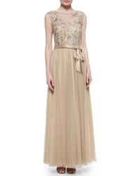Aidan Mattox Embellished Tulle Cap Sleeve Gown Light Gold