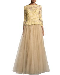 Tan Embellished Lace Evening Dress