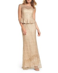 La Femme Embellished Lace Peplum Gown