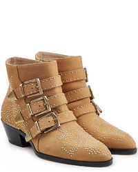Tan Embellished Leather Ankle Boots