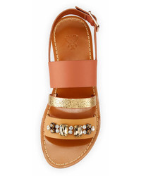 Sanchita Bejeweled Leather Strappy Flat Sandal