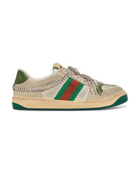 Gucci Screener Embellished Med Distressed Leather Sneakers