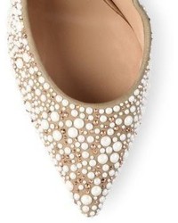 Casadei Blade Heel Faux Pearl Embellished Leather Point Toe Pumps