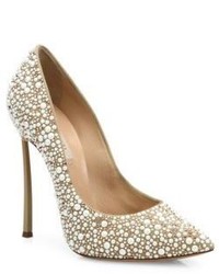 Casadei Blade Heel Faux Pearl Embellished Leather Point Toe Pumps