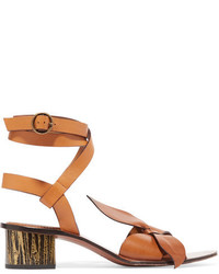 Chloé Bow Detailed Embellished Leather Sandals Tan
