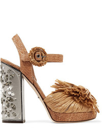 Dolce & Gabbana Embellished Raffia Platform Sandals Light Brown