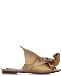 Tan Embellished Satin Flat Sandals