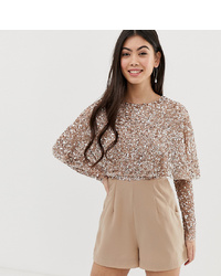 Maya Petite Cape Detail Playsuit With Tonal Delicate Sequin Top In Taupe Blush