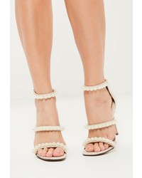 Missguided Nude Pearl Embellished 3 Strap Barely There Heels
