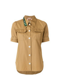 Tan Embellished Short Sleeve Button Down Shirt