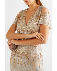 Jenny Packham Tulle Paneled Embellished Silk Gown Beige