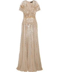 Jenny Packham Tulle Paneled Embellished Silk Gown Beige