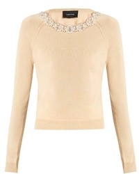 Tan Embellished Silk Sweater