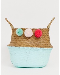 Tan Embellished Straw Bucket Bag