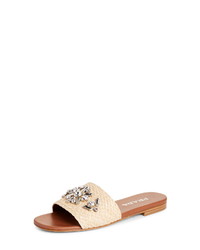 Tan Embellished Straw Flat Sandals