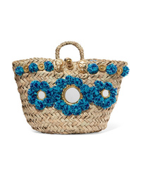 Sicily Bag Fiore Blu Embellished Woven Straw Tote
